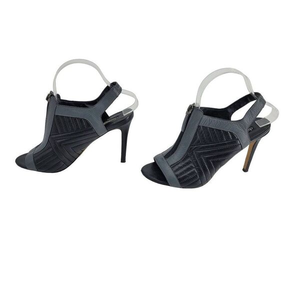 Charles David Leather Stiletto Heels 8‎ Black Peep Toe Sling Back Quilted Moto - Picture 7 of 12
